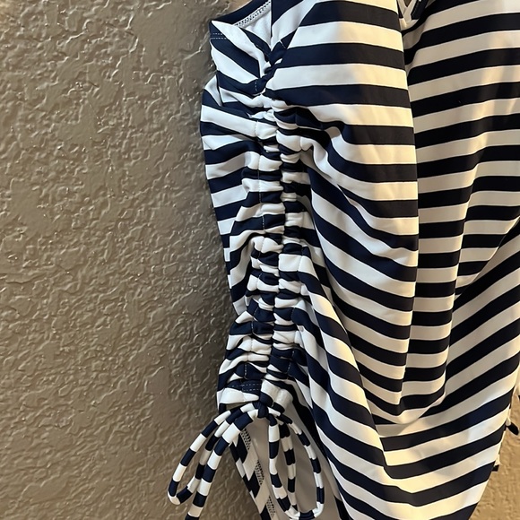 Kona Sol Swim Suit Bathing Suit High Coverage One Piece Navy Blue Stripes - Picture 2 of 8